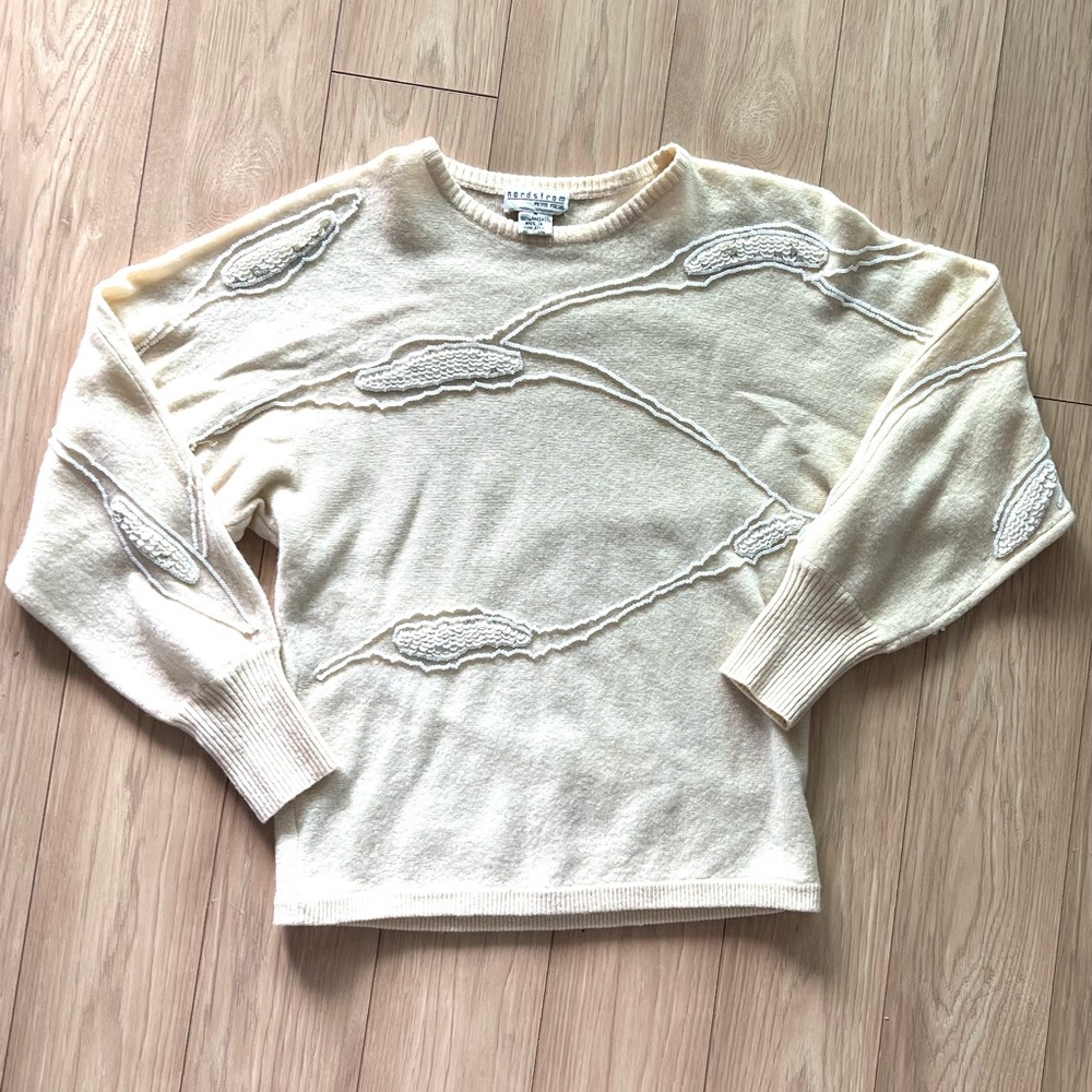 Vintage Nordstrom cream wool sweater with sequins and bead detail